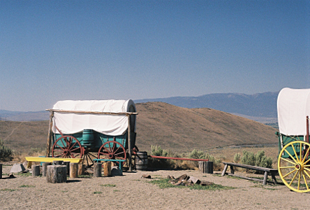 [A field of sagebrush plants except for a narrow dirt path. There is a brown post marking the trail.]